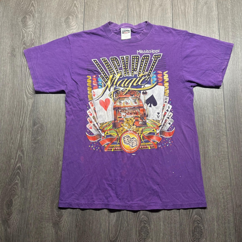 Vintage Mississippi Jackpot Magic 1990s Casino Purple T Shirt Large Graphic